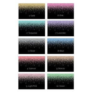 K&ouml;nnte beinhalten: Zehn verschiedene Glitzer-Verlaufshintergr&uuml;nde in verschiedenen Farben, darunter Gold, T&uuml;rkis, Silber, Lachs, Hellrosa, Rosa, Lavendel, Blau, Bronze und Gr&uuml;n. Jeder Hintergrund hat einen schwarzen Rand und eine Nummer sowie einen Farbnamen darunter.