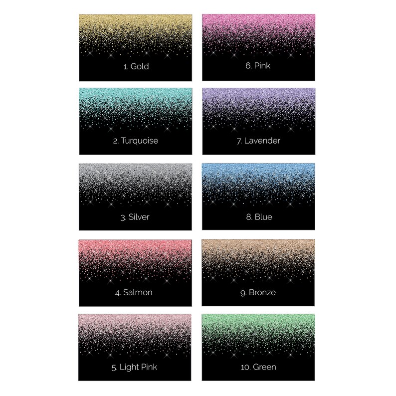 K&ouml;nnte beinhalten: Zehn verschiedene Glitzer-Verlaufshintergr&uuml;nde in verschiedenen Farben, darunter Gold, T&uuml;rkis, Silber, Lachs, Hellrosa, Rosa, Lavendel, Blau, Bronze und Gr&uuml;n. Jeder Hintergrund hat einen schwarzen Rand und eine Nummer sowie einen Farbnamen darunter.