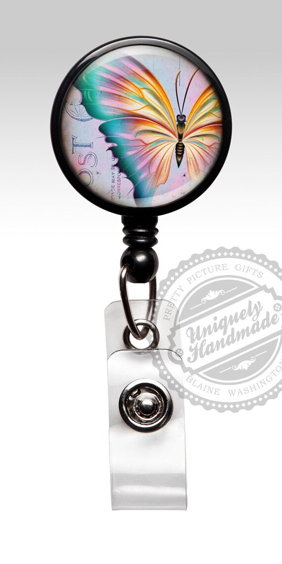 Retractable Badge Reel ID Lanyard Name Card Holder Butterfly Yellow Purple Green
