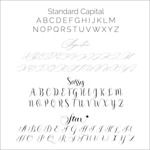 K&ouml;nnte beinhalten: Eine Grafik, die verschiedene Schriftstile f&uuml;r das Alphabet zeigt. Die Stile sind mit "Standard Capital", "Signature", "Sassy" und "Star" gekennzeichnet.