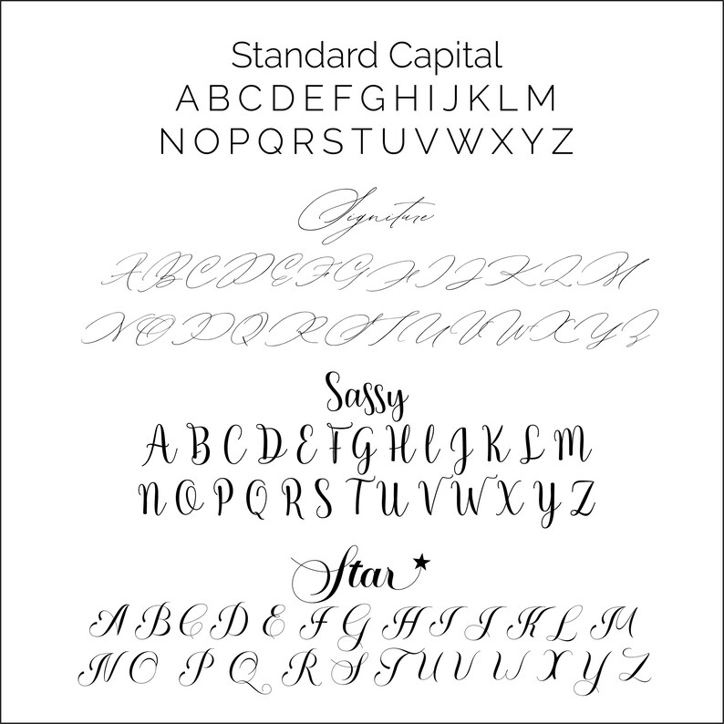 K&ouml;nnte beinhalten: Eine Grafik, die verschiedene Schriftstile f&uuml;r das Alphabet zeigt. Die Stile sind mit "Standard Capital", "Signature", "Sassy" und "Star" gekennzeichnet.