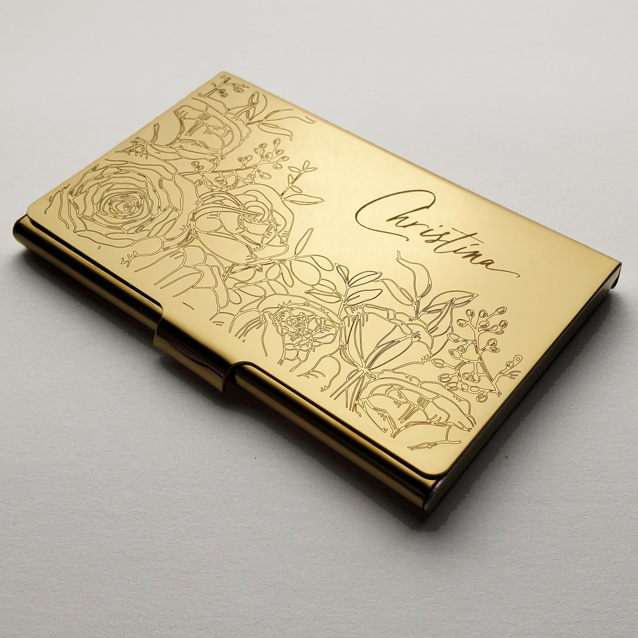 Personalized Gold Metal Card Case Wallet, Custom Business Card Holder, Floral Gift for her, Coworker Staff, New Job Gift Slim Wallet SS14