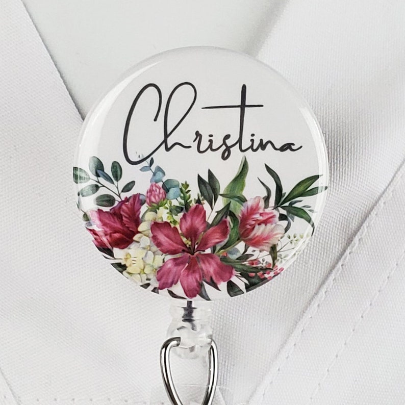 Personalized Badge Reel, Custom Nurse Retractable Badge Holder Red Lilies Nurse ID Badge Clip Rn Id Badge Staff Gift Stethoscope ID 771 zdjęcie 1