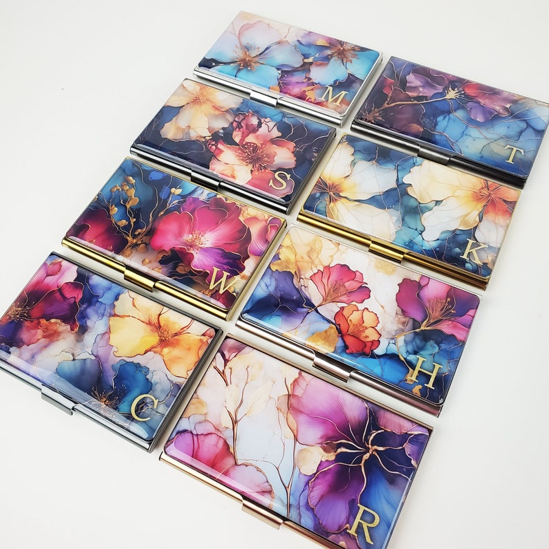 Custom Business Card Holder, Personalized Card Case, Gift for her, Slim Wallet, Coworker Flower Business Card Gift New Job Gift Realtor E214 image 1