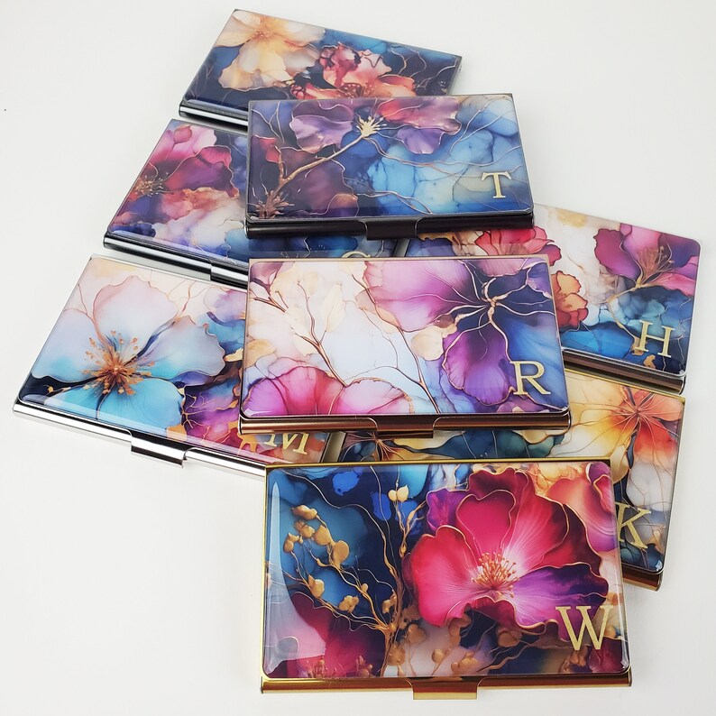 Custom Business Card Holder, Personalized Card Case, Gift for her, Slim Wallet, Coworker Flower Business Card Gift New Job Gift Realtor E214 image 4