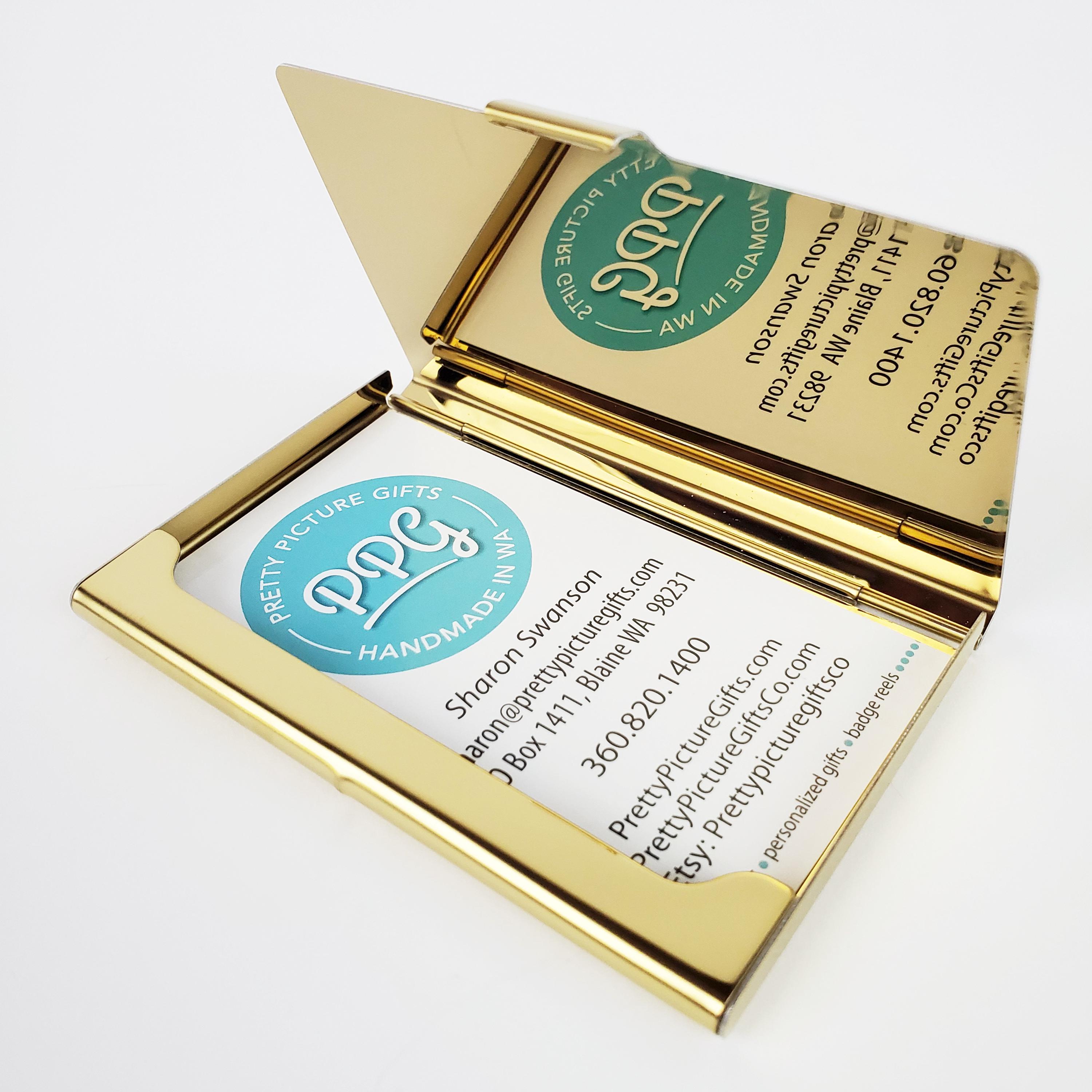 Personalized Gold Metal Card Case Wallet, Custom Business Card Holder, Floral Gift for her, Coworker Staff, New Job Gift Slim Wallet SS14