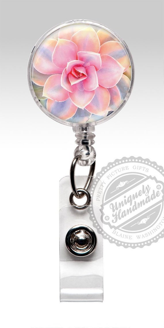 Badge Reel, Succulent Retractable Badge Holder, Pink Flower Badge