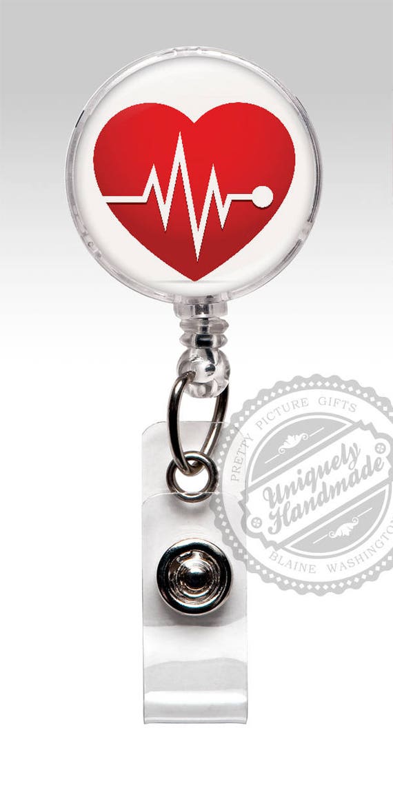Cardiology Badge Reel, Red Heart Retractable ID Badge Holder