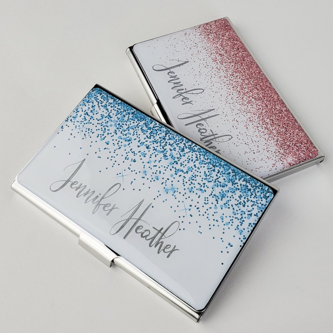 Personalized Business Card Case Teal Glitter Business Card Holder Metal Credit Card Holder