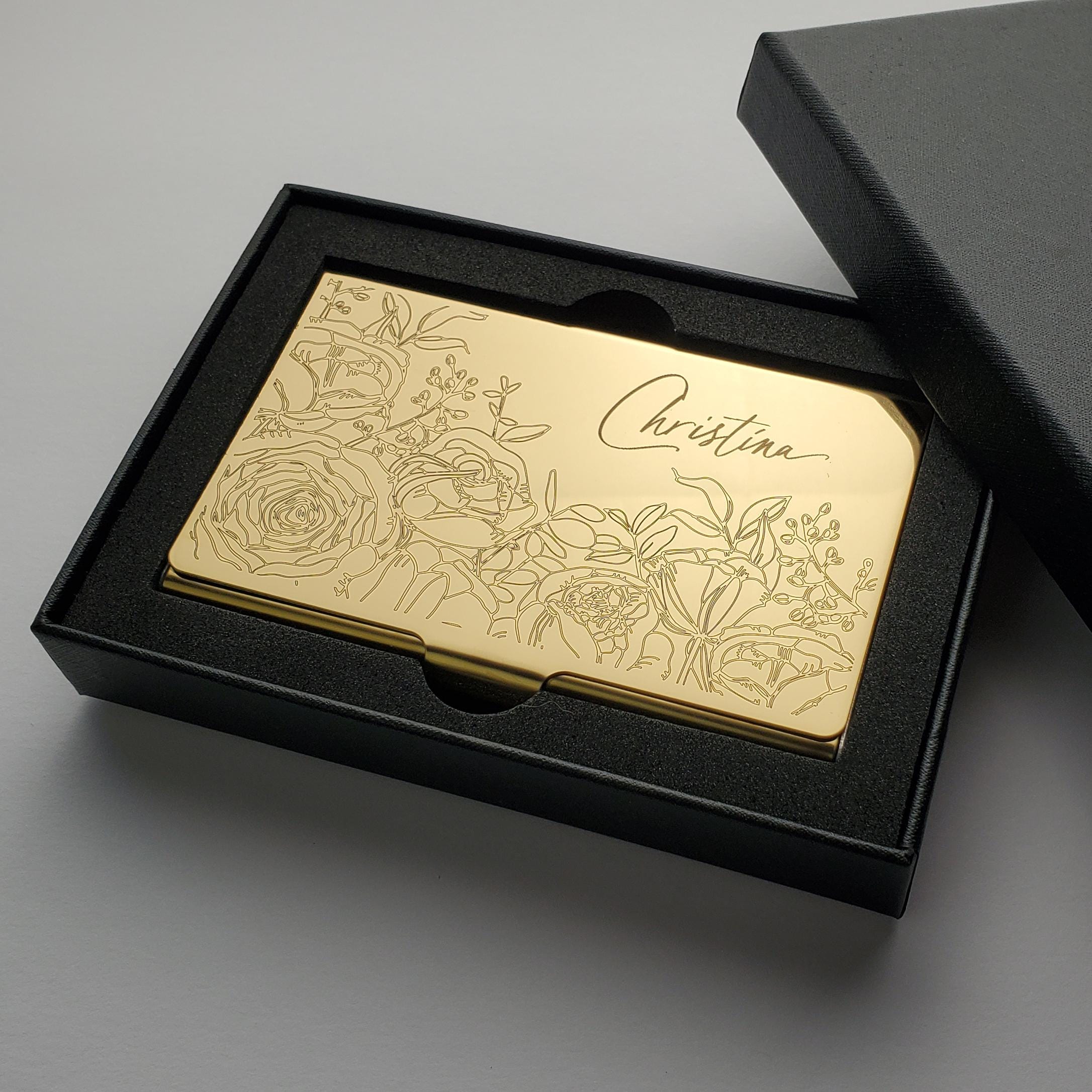 Personalized Gold Metal Card Case Wallet, Custom Business Card Holder, Floral Gift for her, Coworker Staff, New Job Gift Slim Wallet SS14