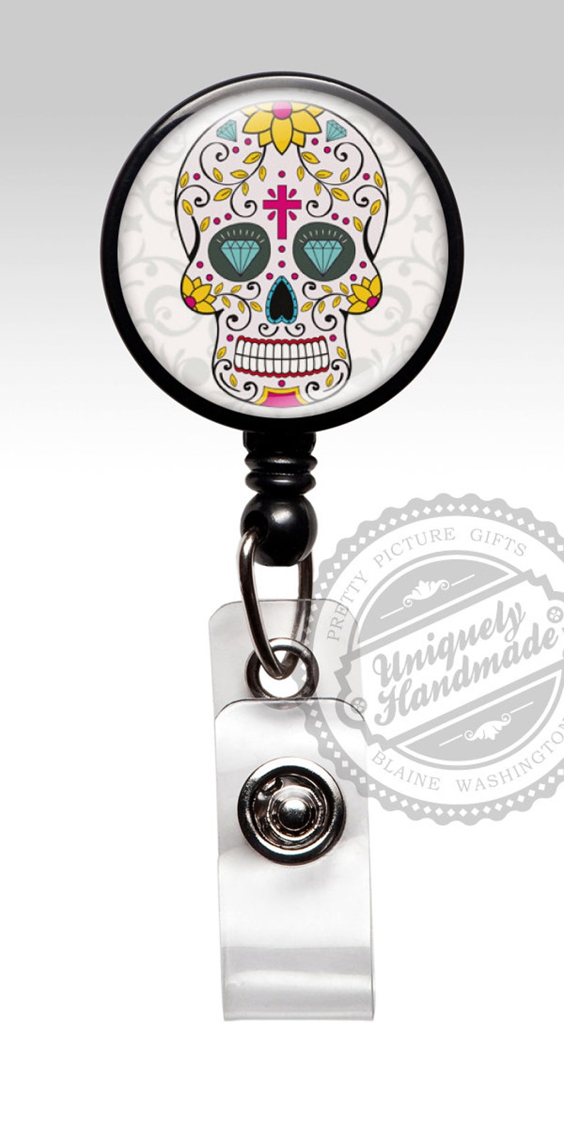 Lanyard Sugar Skull Lady Skull Day Of The Dead Retractable Reel ID Badge Holder