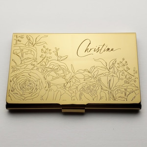 Porte-cartes personnalisé en métal doré, porte-cartes de visite personnalisé, cadeau floral pour elle, collègue de travail, cadeau de nouvel emploi portefeuille fin SS14