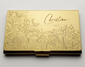 Tarjetero personalizado de metal dorado, tarjetero personalizado, regalo floral para ella, compañero de trabajo, regalo para nuevo trabajo, billetera delgada SS14