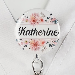 Personalized Badge Reel, Pink Flowers Nurse Retractable Badge Holder Nurse ID Carabiner Lanyard Badge Clip Rn Id Badge Stethoscope 775