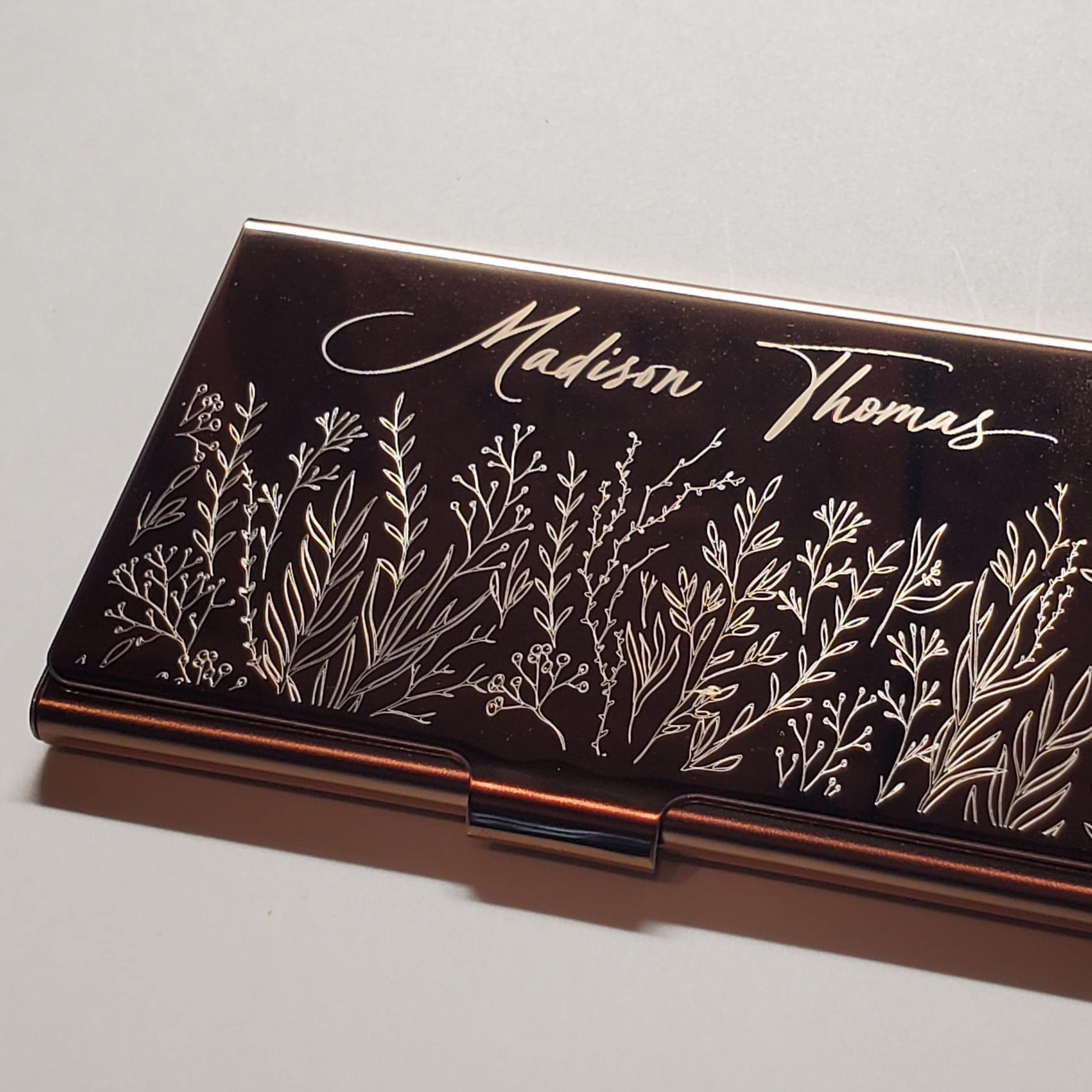 Personalized Rose Gold Metal Card Case Wallet, Custom Business Card Holder, Floral Gift for her, Professional Gift, Realtor Stylist SS04
