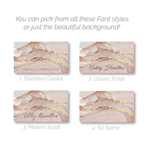 May include: Four different design options for a business card with a pink and gold marble background. The options include "Ashley Hamilton" in standard capital letters, classic script, modern script, and no name.