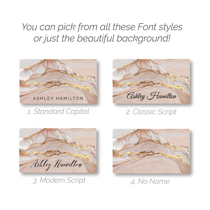 May include: Four different design options for a business card with a pink and gold marble background. The options include "Ashley Hamilton" in standard capital letters, classic script, modern script, and no name.