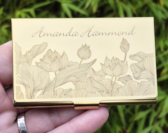 Personalized Gold Metal Card Case Wallet, Custom Business Card Holder, Floral Gift for her Coworker Staff New Job Gift Slim Wallet SS18B
