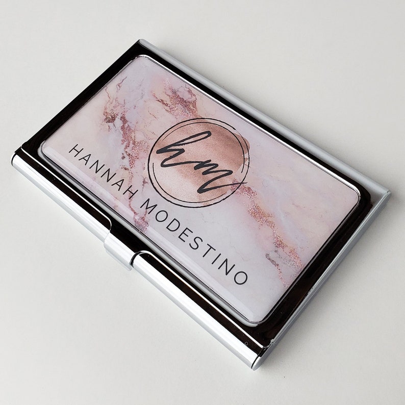 Personalized Business Card Case Pink Marble Business Card Holder Metal Credit Card Holder Gift for her Rose Gold Business Accessory E71 image 4