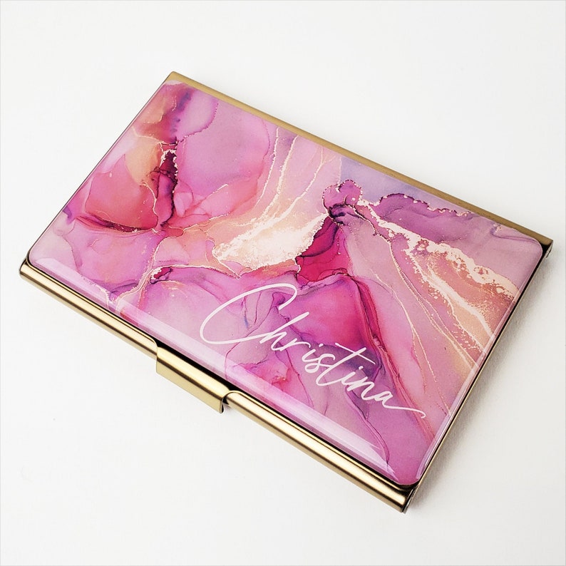 Custom Business Card Holder, Pink Rose Gold Card Case, Gift for her, Slim Wallet, Rose Gold Business Card Gift, New Job Gift Realtor E192 image 1