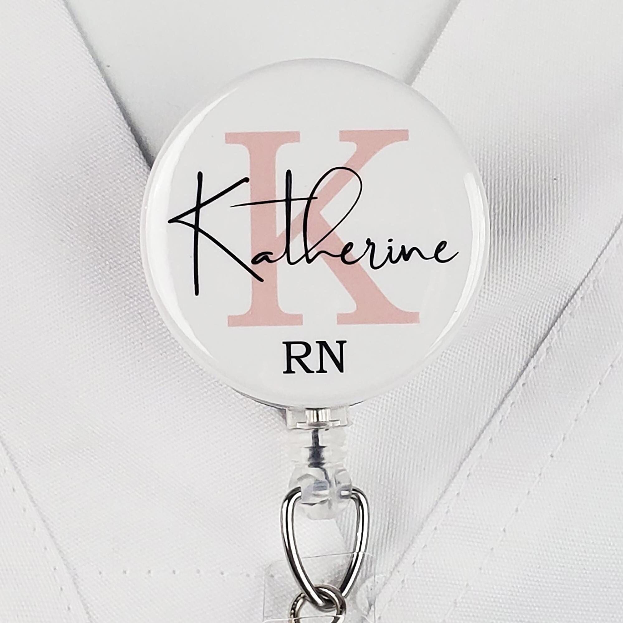 Personalized Initial Badge Holder With Lanyard - Flower Print Retractable Reel, Breakaway Clasp (Letter E) - View #7