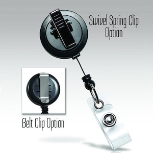 May include: Black retractable badge holder with a swivel spring clip option and a belt clip option. The swivel spring clip is attached to a black retractable cord. The belt clip is a black clip with a silver metal spring.