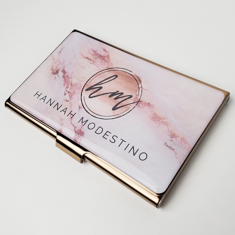 Personalized Business Card Case Pink Marble Business Card Holder Metal Credit Card Holder Gift for her Rose Gold Business Accessory E71 image 3