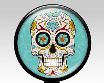 Day of the Dead Retractable ID Badge Holder, Dia De Los Muertos, Turquoise Sugar Skull Nurse Badge Reel Clip, RN Lpn MA Gift Halloween 256