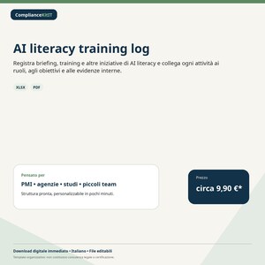 Könnte beinhalten: Ein digitales Dokument mit dem Titel AI literacy training log von ComplianceKitIT. Es enthält Text zur Beschreibung des Protokolls, Dateiformat-Labels für XLSX und PDF, einen Abschnitt für Zielnutzer und ein dunkelblaues Feld mit Preisangaben.