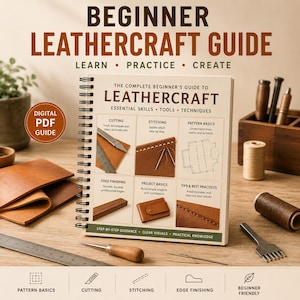 May include: A spiral-bound Beginner Leathercraft Guide book featuring sections on cutting, stitching, pattern basics, edge finishing, project basics, and tips. The cover displays instructional text, diagrams, and photos of leather tools and projects.