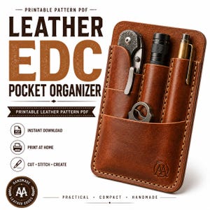 May include: A brown leather pocket organizer featuring three vertical slots containing a folding knife, a black flashlight, and a brass pen. The text LEATHER EDC POCKET ORGANIZER, PRINTABLE PATTERN PDF, INSTANT DOWNLOAD, PRINT AT HOME, CUT STITCH CREATE is visible.