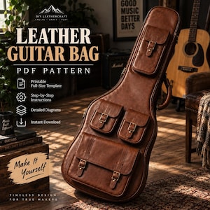 Puede incluir: Una funda de guitarra de cuero marrón con tres bolsillos exteriores con cierre de hebilla, un asa lateral y una forma contorneada. La imagen incluye el texto LEATHER GUITAR BAG PDF PATTERN, Printable Full-Size Template y Make It Yourself.
