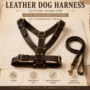 以下が含まれることがあります： ダークブラウンのレザー製犬用ハーネスとリードが、紙製のカットガイドの上に配置されています。テキストには「LEATHER DOG HARNESS, CUTTING GUIDE PDF, XS-XL MEASUREMENT PATTERN, DIY LEATHERCRAFT PROJECT, 5 SIZES, PRINTABLE PDF, MEASUREMENT GUIDE, DIGITAL DOWNLOAD, DIGITAL FILE - NO PHYSICAL ITEM」と記載されています。