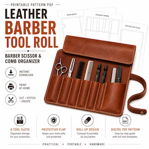 May include: A brown leather barber tool roll with six vertical slots containing scissors, combs, and clips. The roll features a protective flap and a strap with a metal snap closure. The image includes text labels for a printable PDF pattern.