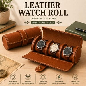 Op de afbeelding: Een bruine lederen horlogerol met witte stiksels, voorzien van drie interne compartimenten met polshorloges. De tekst LEATHER WATCH ROLL DIGITAL PDF PATTERN PRINT CUT BUILD is zichtbaar, samen met iconen voor bescherming, compartimenten en draagbaarheid.