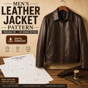 Könnte beinhalten: Eine dunkelbraune Lederjacke mit Frontreißverschluss und Seitentaschen, präsentiert neben einem ausdruckbaren Schnittmuster mit der Aufschrift LEATHER JACKET PATTERN, einer Garnrolle und einem Metallreißverschluss.