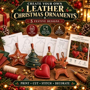 May include: A DIY leather Christmas ornament kit featuring five festive designs including a star, tree, round ball, heart, and reindeer. Includes printed paper templates, an assembly guide, spools of thread, metal studs, and a leather crafting tool.