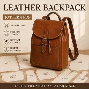 Könnte beinhalten: Ein brauner Lederrucksack mit Tragegriff, Schultergurten und einer Frontklappe mit Schnallenverschluss. Das Bild enthält den Text: LEATHER BACKPACK, PATTERN PDF, A4 & US LETTER, FULL-SIZE TEMPLATE, BEGINNER FRIENDLY, DIGITAL DOWNLOAD, DIGITAL FILE • NO PHYSICAL BACKPACK.