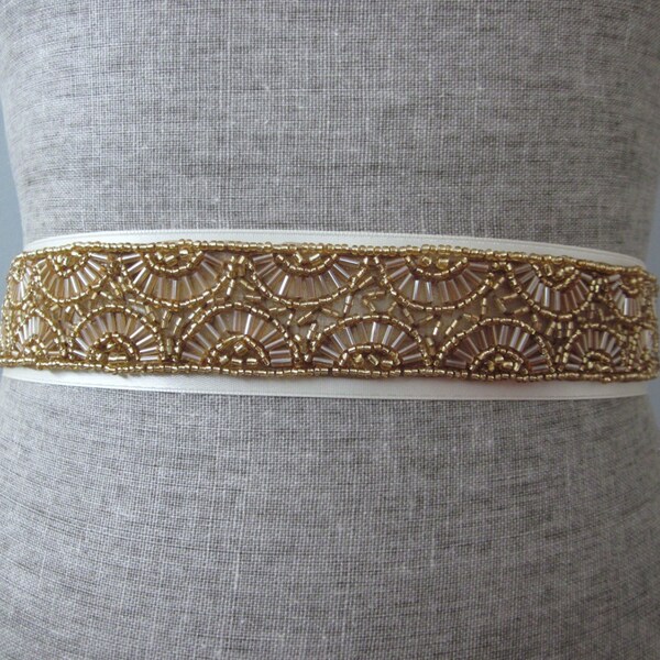 Gold Scallop Art Deco Beaded Wedding Sash / Belt