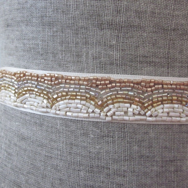 Ivory & Golds Scallop Wave Deco Beaded Wedding Sash / Belt