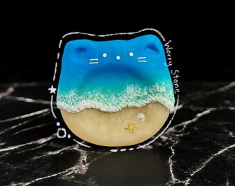 Ocean/Beach Handmade Worry stone cat | blue and beige fidget for stress relief | Desk pet