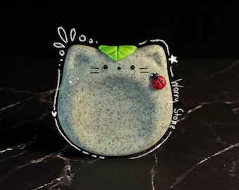 Handmade Worry stone cat | green and grey fidget for stress relief | Desk pet | ladybug