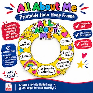 Può includere: Una cornice circolare stampabile per hula hoop intitolata All About Me, gialla con grafiche colorate tra cui un sole, un arcobaleno, stelle e cuori. La cornice presenta suggerimenti testuali come My name is, I am, I like, I don't like.