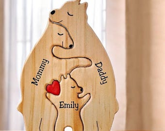 Gepersonaliseerde houten familiepuzzel - met eigen berennamen, cadeau voor mama en baby
