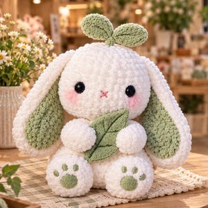 May include: A white crocheted plush bunny with long ears featuring sage green inner sections. The bunny has black eyes, pink cheeks, and holds a green leaf. A small green leaf sprout sits on top of its head, and its feet have green paw pads.