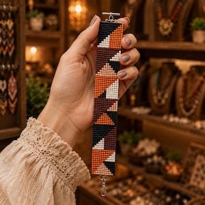 May include: A wide beaded bracelet featuring a geometric pattern of triangles in black, white, burnt orange, and light pink. The bracelet is constructed from small, uniform beads and is secured with a silver-toned metal toggle clasp at the top.