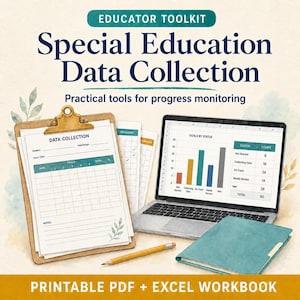 Könnte beinhalten: Ein Pädagogen-Toolkit zur Datenerfassung in der Sonderpädagogik mit einem Klemmbrett, Formularen, einem Laptop mit Balkendiagramm und Tabelle, einem Bleistift und einem blaugrünen Notizbuch. Text: Printable PDF + Excel Workbook.