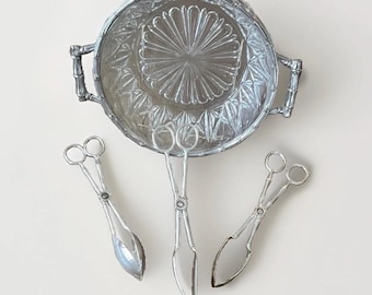 Landes Italian Faux Bamboo Crystal Bowl & Tongs Set | Silverplate