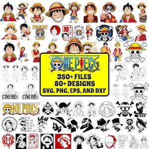 Può includere: Una collezione di grafiche digitali di One Piece con Monkey D. Luffy in varie pose, icone di cappelli di paglia ed emblemi di teschi. Un cartello giallo centrale mostra il testo: ONE PIECE 350+ FILES 80+ DESIGNS SVG, PNG, EPS, AND DXF.