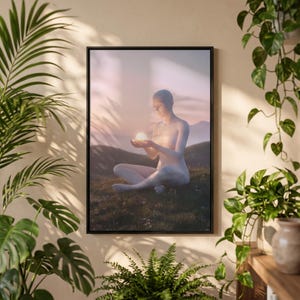 Lienzo con figura meditativa sosteniendo una luz, arte mural de atardecer etéreo, arte de bellas artes de orbe brillante místico, decoración espiritual y tranquila